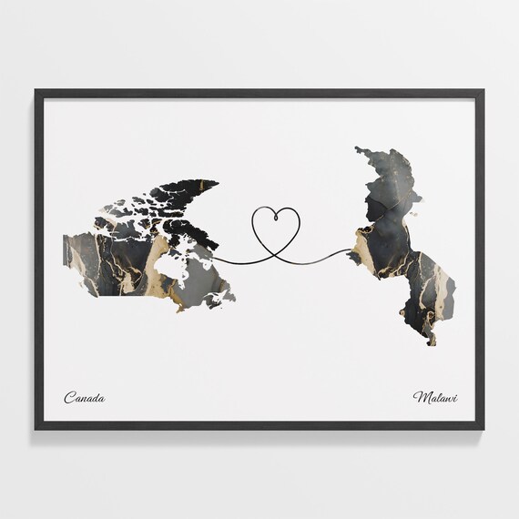 Canada To Malawi Marble Heart Map Two Country Long Distance Gift Poster