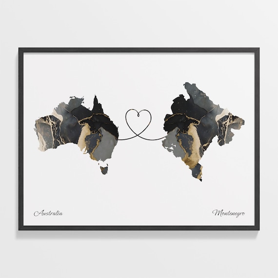 Australia To Montenegro Heart Connected Black Marble Country Map Poster