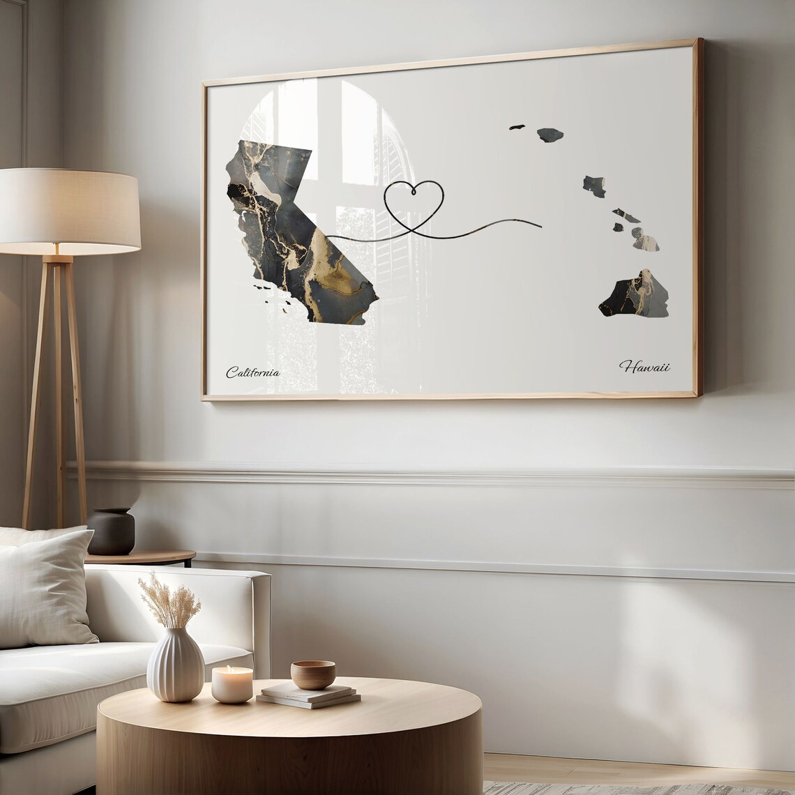 California to Hawaii Black Gold Marble Map Heart Line Art Poster - Image 2