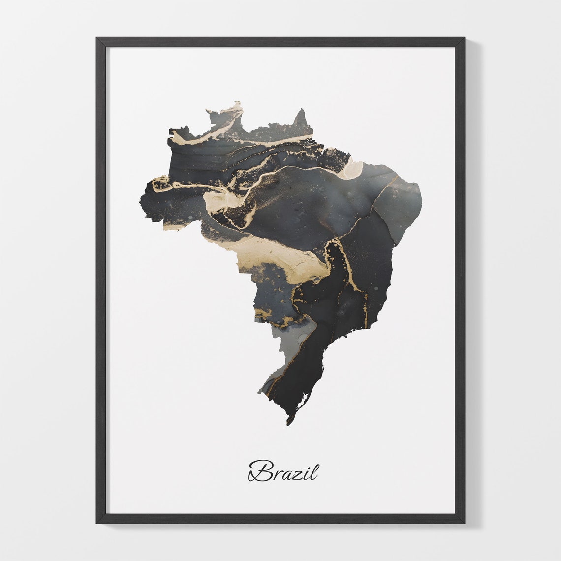 Brazil Elegant Country Map Black Gold Marble Minimalist Poster