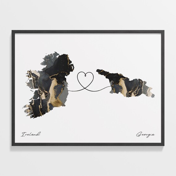 Ireland Georgia Long Distance Love Heart Marble Map Gift Poster