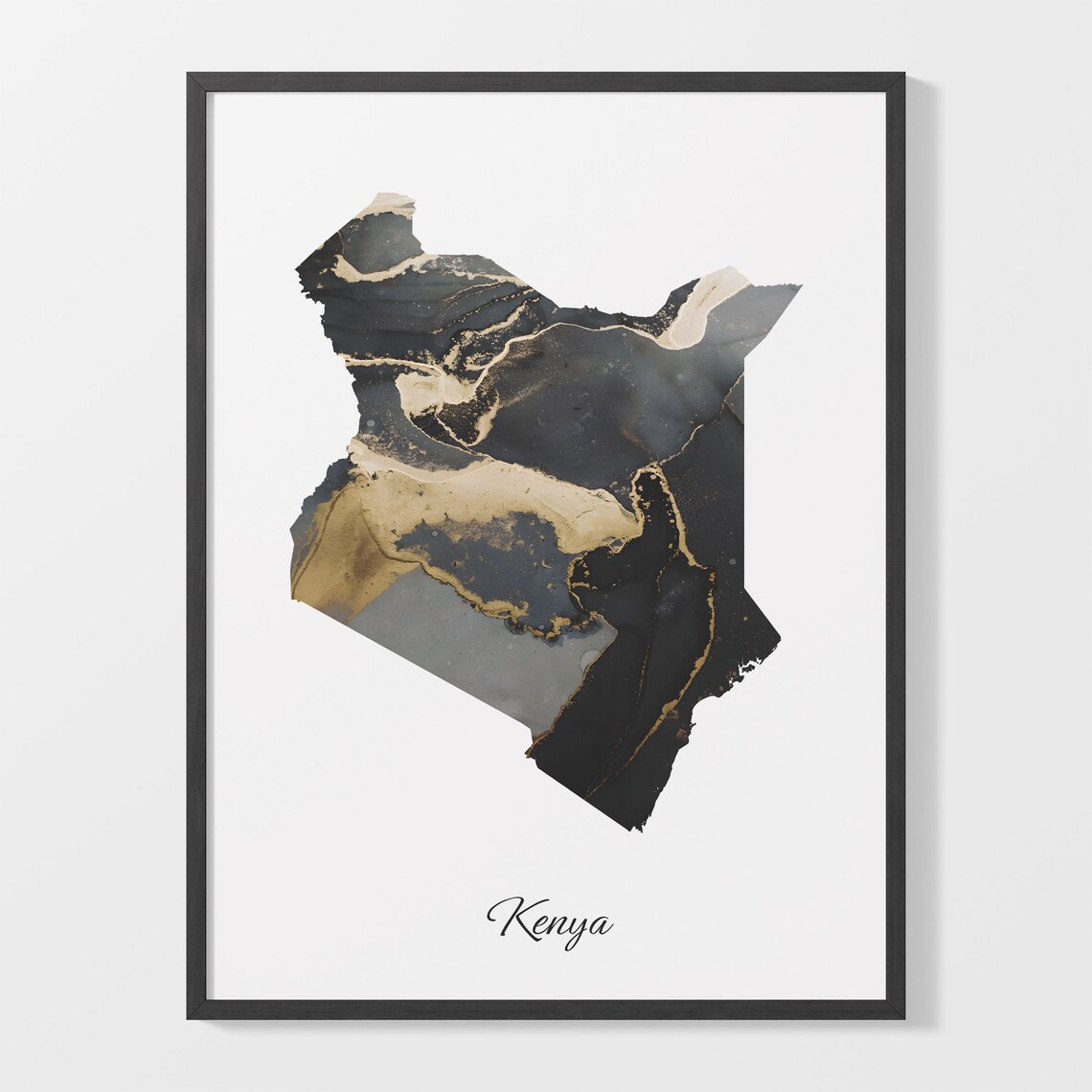 Kenya Stylish Black And Gold Marble Country Map Luxury Decor Art Poster