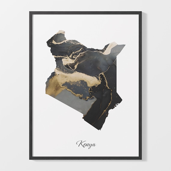 Kenya Stylish Black And Gold Marble Country Map Luxury Decor Art Poster