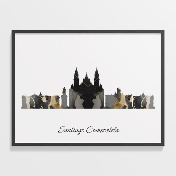 Santiago Compostela Skyline Black and Gold Marble Cityscape Art Poster