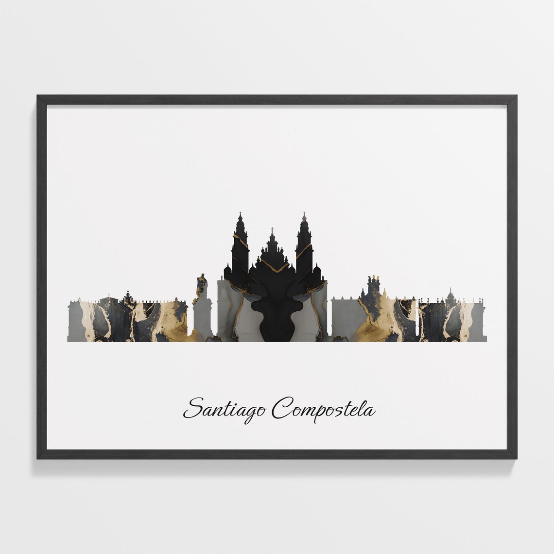 Santiago Compostela Skyline Black and Gold Marble Cityscape Art Poster