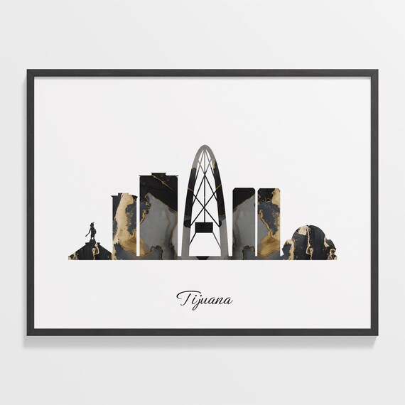 Marble Cityscape Tijuana Skyline Mexico Black Gold Elegant Art Poster