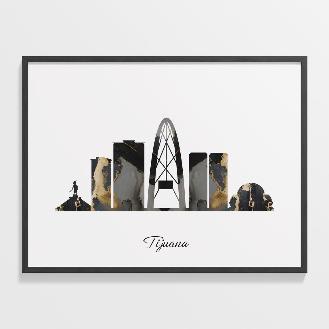 Marble Cityscape Tijuana Skyline Mexico Black Gold Elegant Art Poster