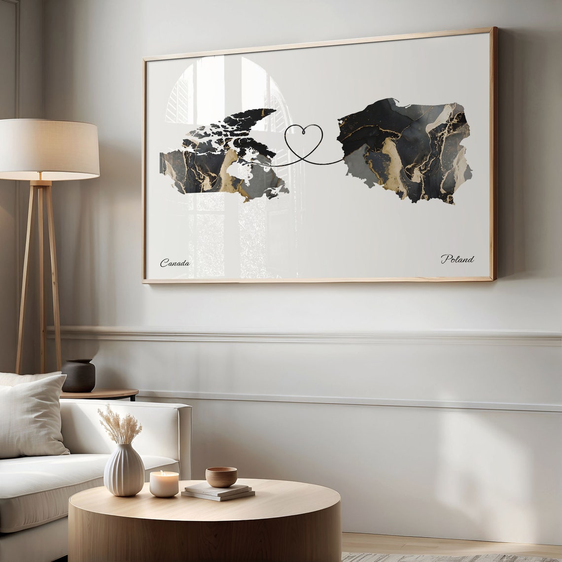 Canada Poland Long Distance Love Black Marble Heart Map Poster - Image 2
