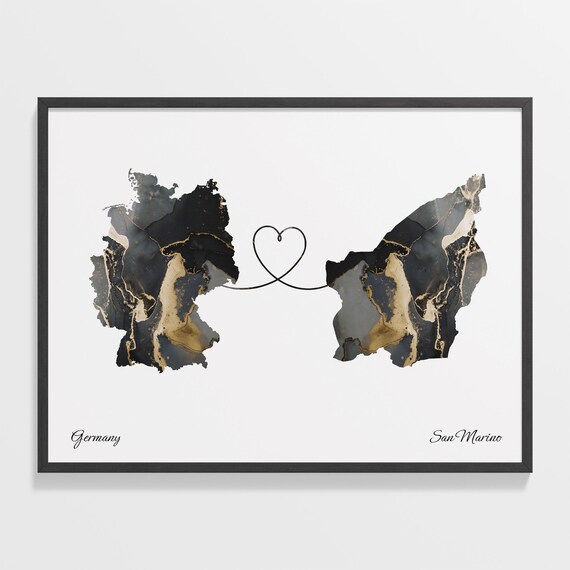 Germany to San Marino Black Gold Marble Heart Map Art Poster