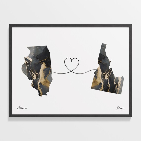 Illinois to Idaho Black Gold Marble Map Heart Connection Poster