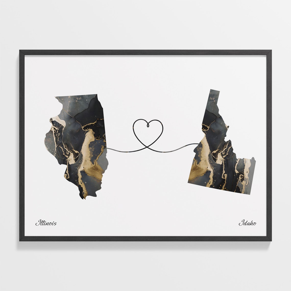 Illinois to Idaho Black Gold Marble Map Heart Connection Poster