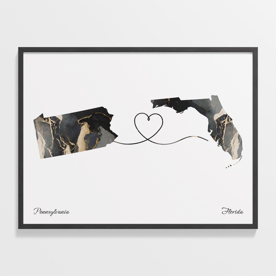 Pennsylvania and Florida Black and Gold Marble Two States Map Poster