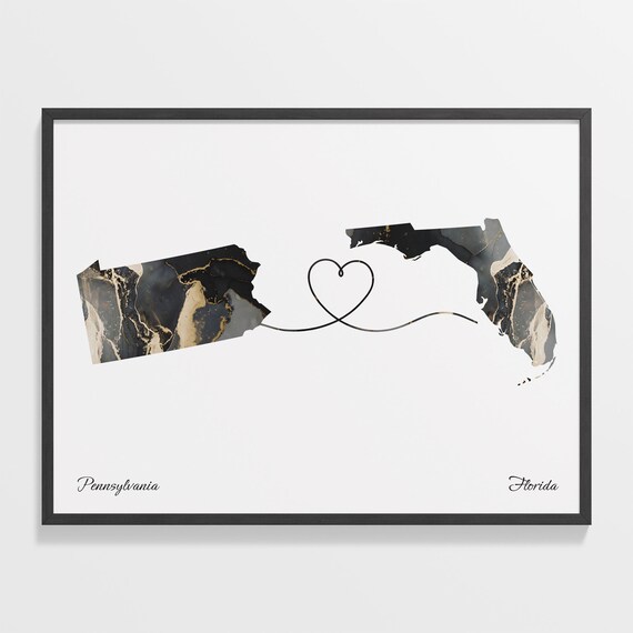 Pennsylvania and Florida Black and Gold Marble Two States Map Poster