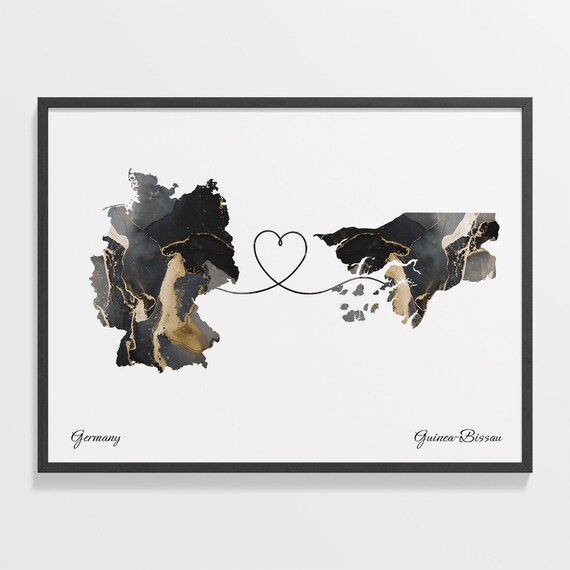 Germany to Guinea-Bissau Marble Heart Map Print Long Distance Couple Gift