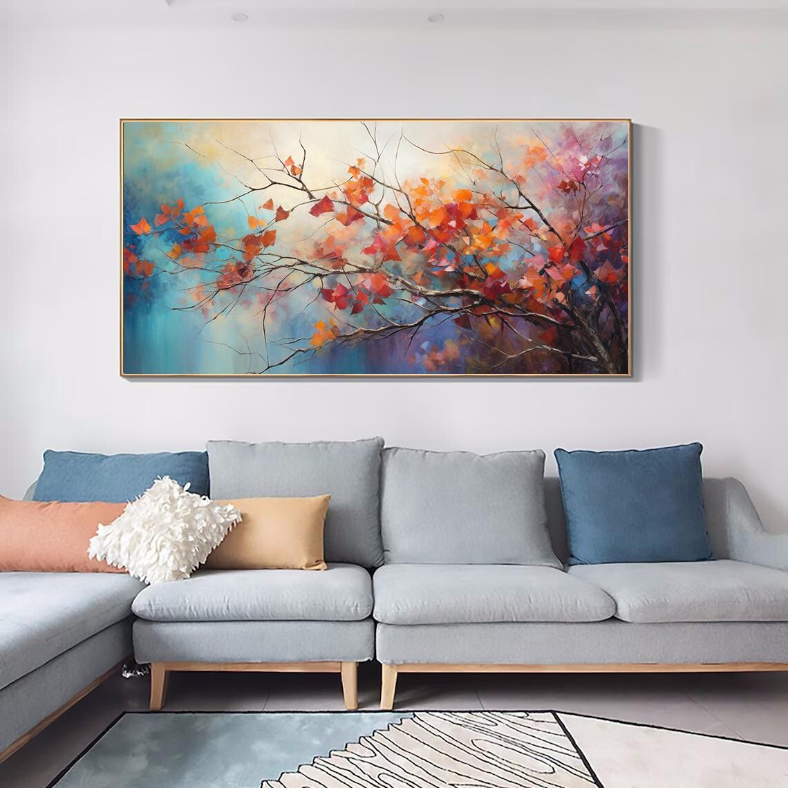 Autumn Branch Red Leaves Blue Teal Horizontal Tree Painting Poster - Image 4