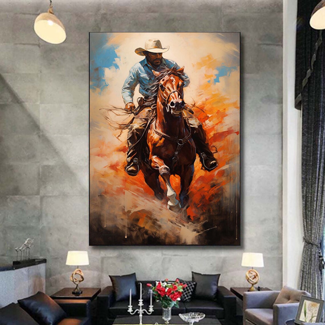 Cowboy Riding Horse Through Western Sunset Dust Painting Poster - Image 5