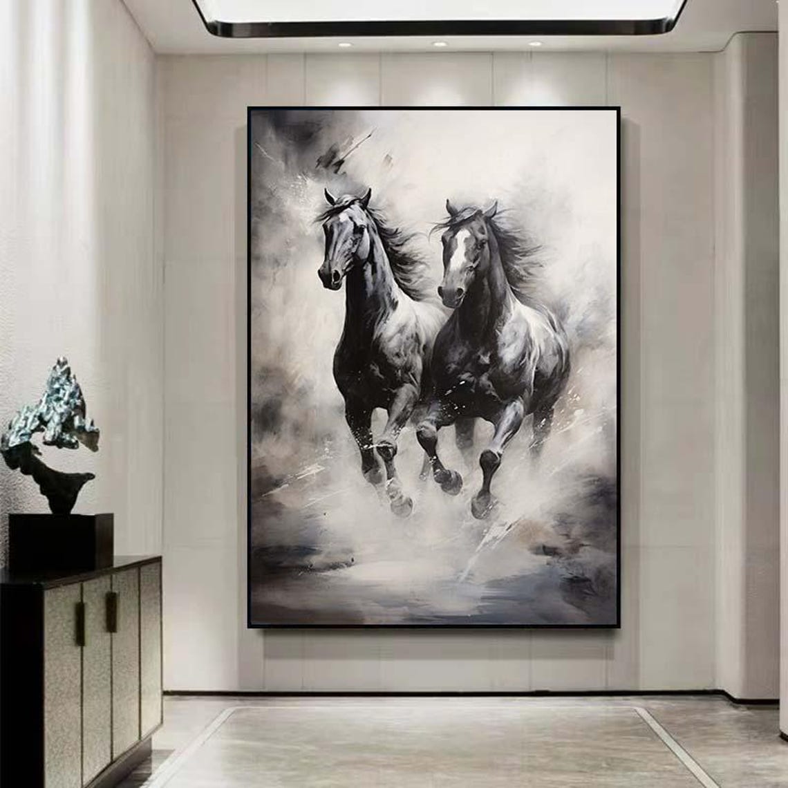 Two Black Horses Running Mist Abstract Equestrian Wall Poster - Image 2