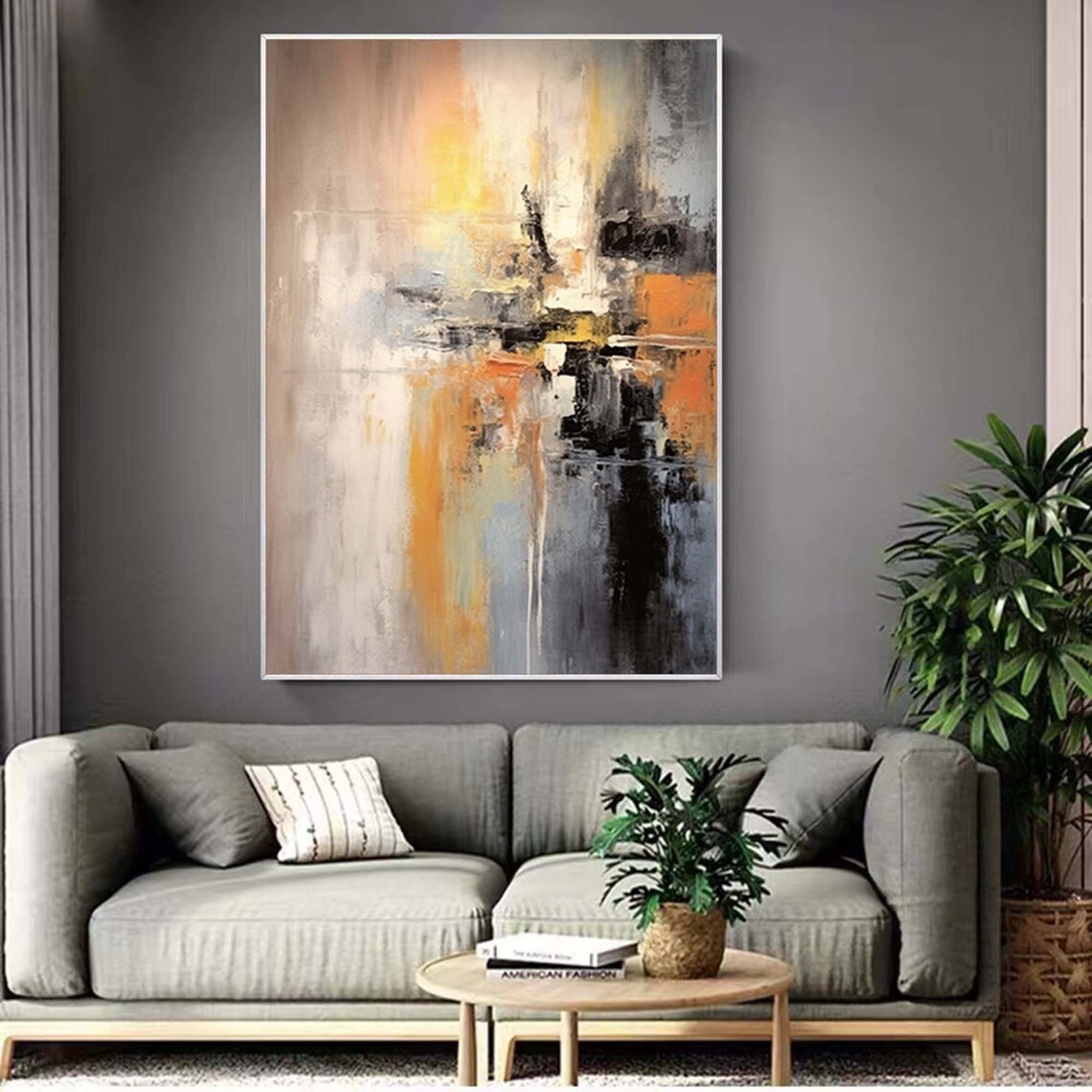 Warm Neutral Orange Grey Abstract Oil Painting for Living Room Poster - Image 5