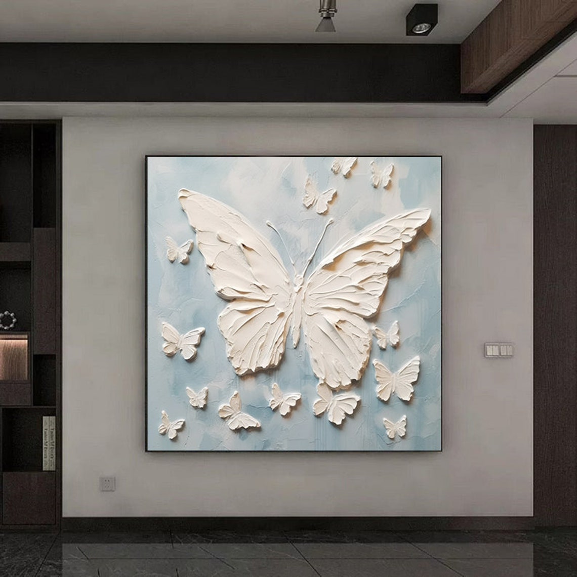White 3D Butterfly Flight Light Blue Textured Relief Square Poster - Image 2