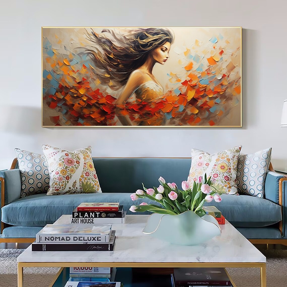Woman with Flowing Hair Autumn Leaves Back View Painting Poster - Image 2