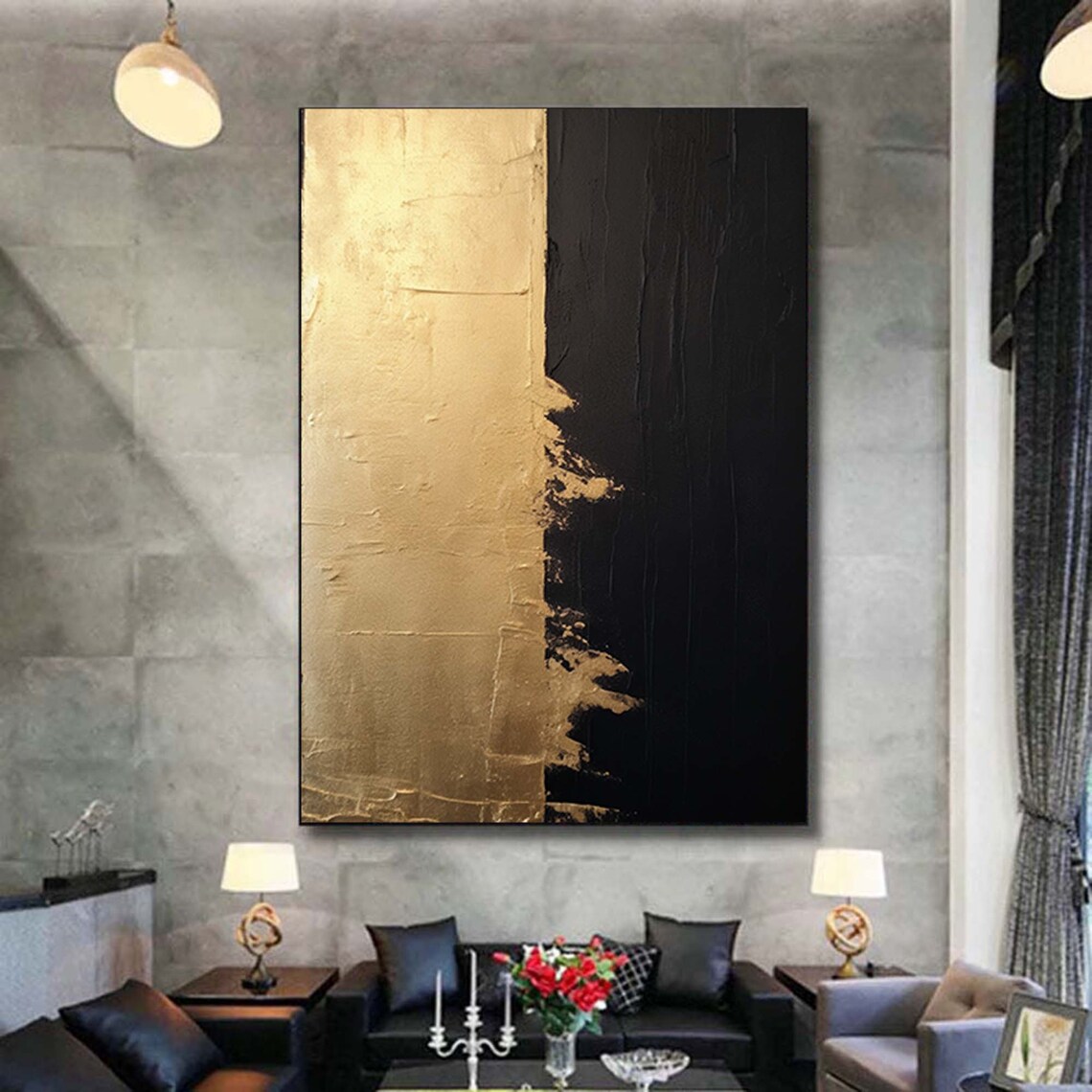 Black and Gold Abstract Art Print, Gold Leaf Style - Image 5