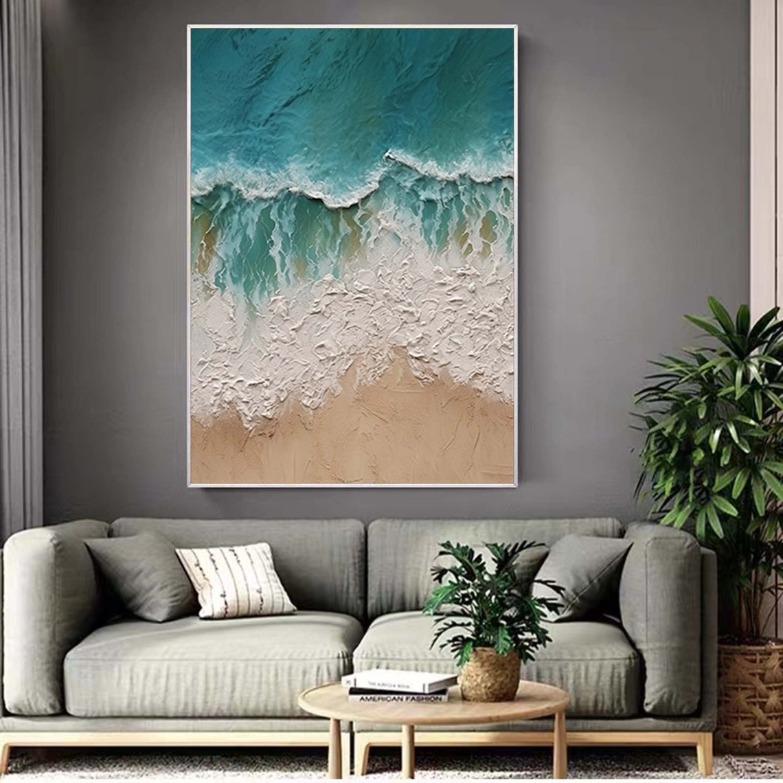 Turquoise White Ocean Waves Beach 3D Textured Coastal Wall Poster - Image 2