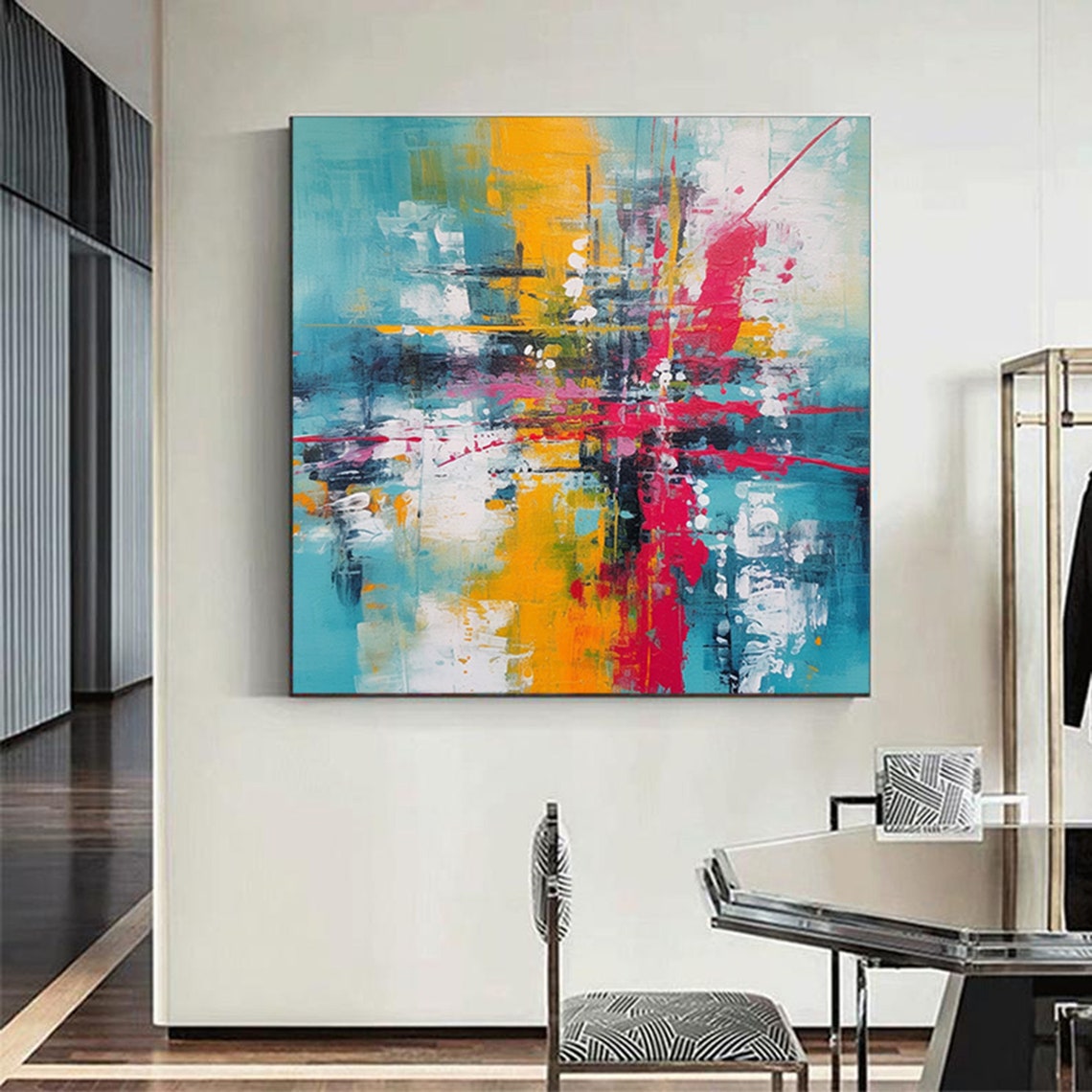 Vibrant Blue Yellow Red Abstract Impasto Energy Painting Poster - Image 6