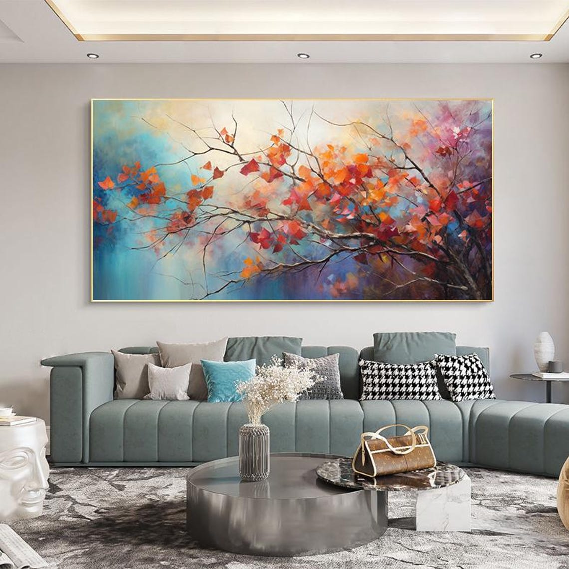 Autumn Branch Red Leaves Blue Teal Horizontal Tree Painting Poster - Image 6