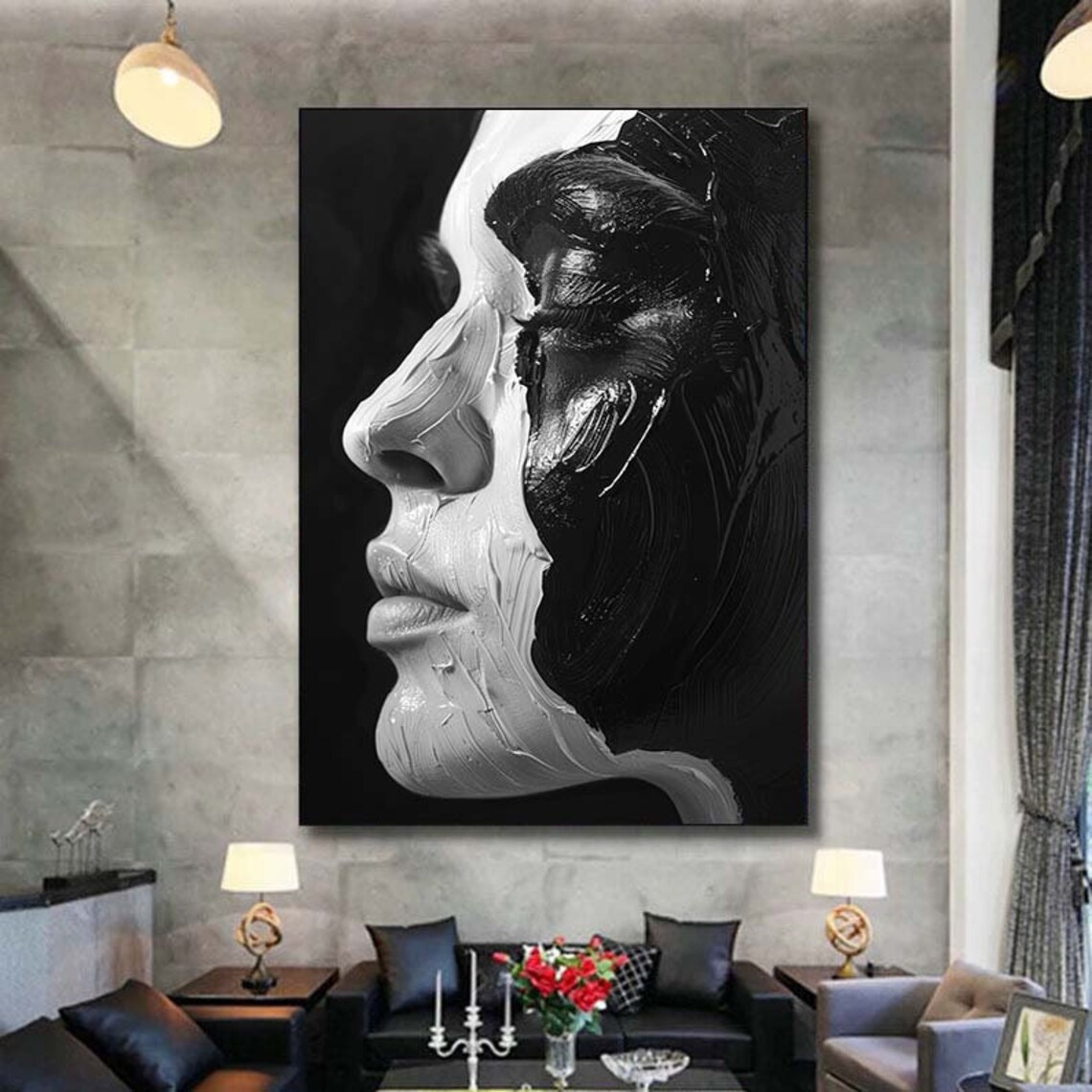 Abstract Black and White Facial Oil Painting Art Print - Image 6