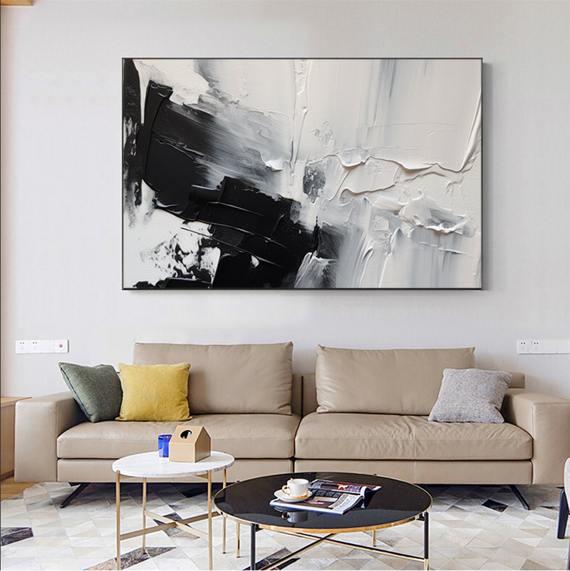 Dramatic Black And White Heavy Texture Abstract Canvas Poster - Image 4
