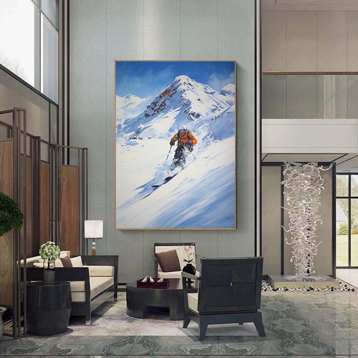 Snowy Mountain Skier Orange Jacket Powder Slope Sports Painting Poster - Image 4