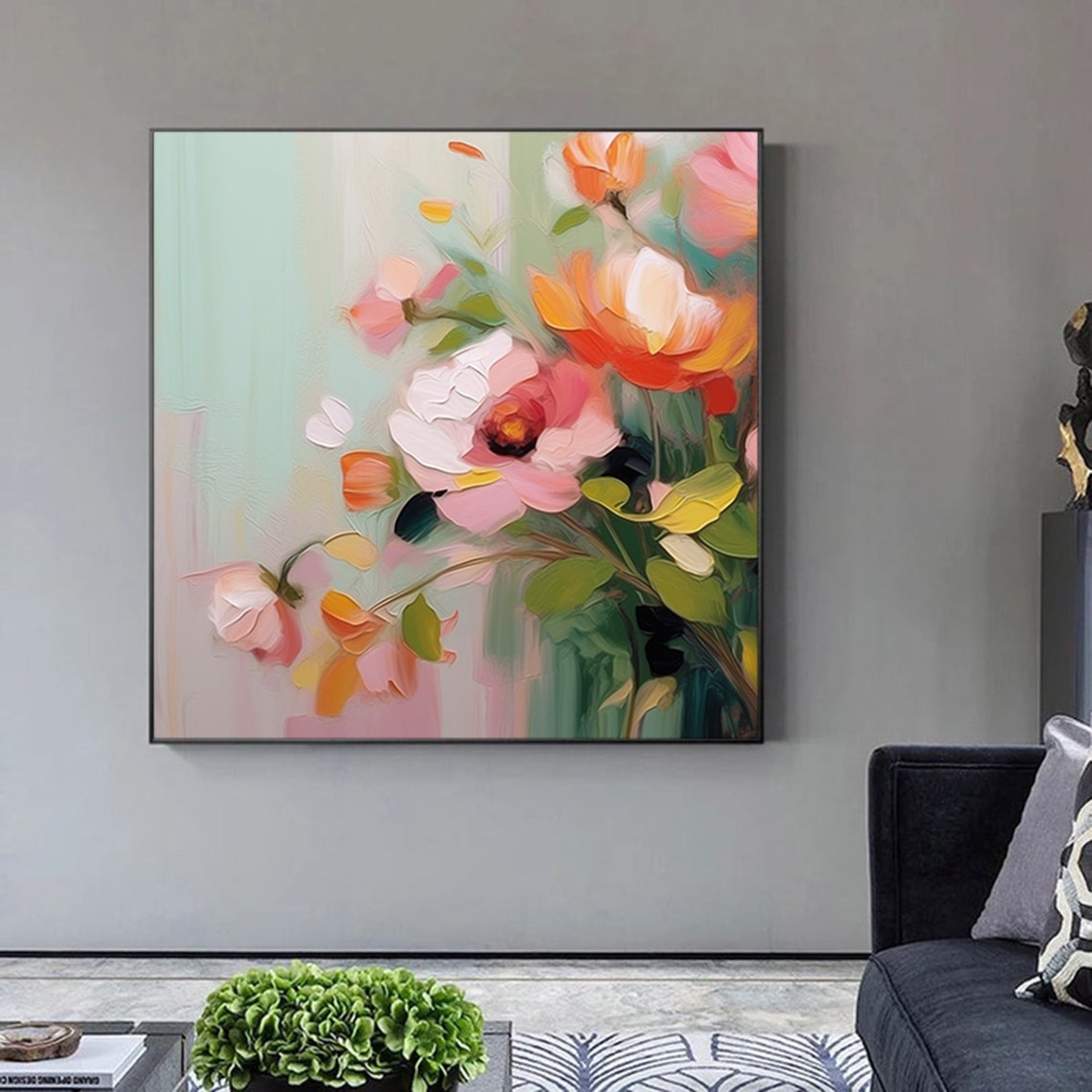 Blush Pink Peonies Mint Green Soft Floral Painting Wall Poster - Image 3