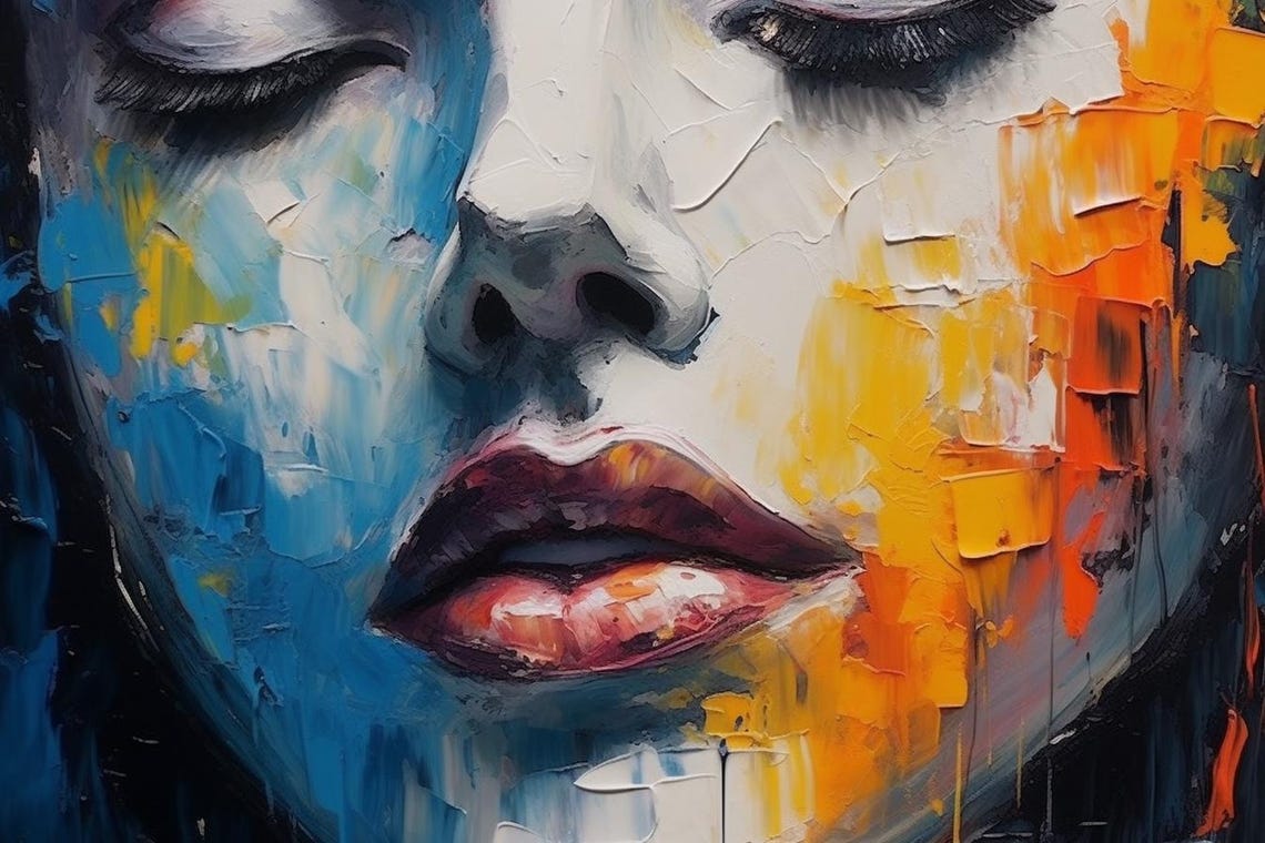 Blue Orange Abstract Woman Face Palette Knife Oil Painting Poster - Image 2