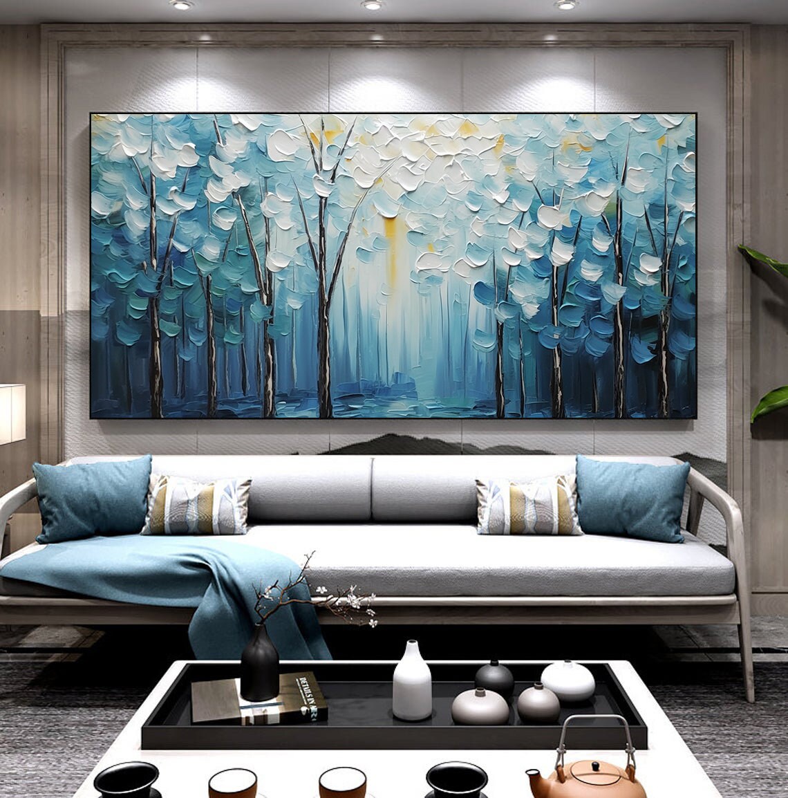 Serene Blue Forest Of Impasto Trees With Pale Treetops Poster - Image 6
