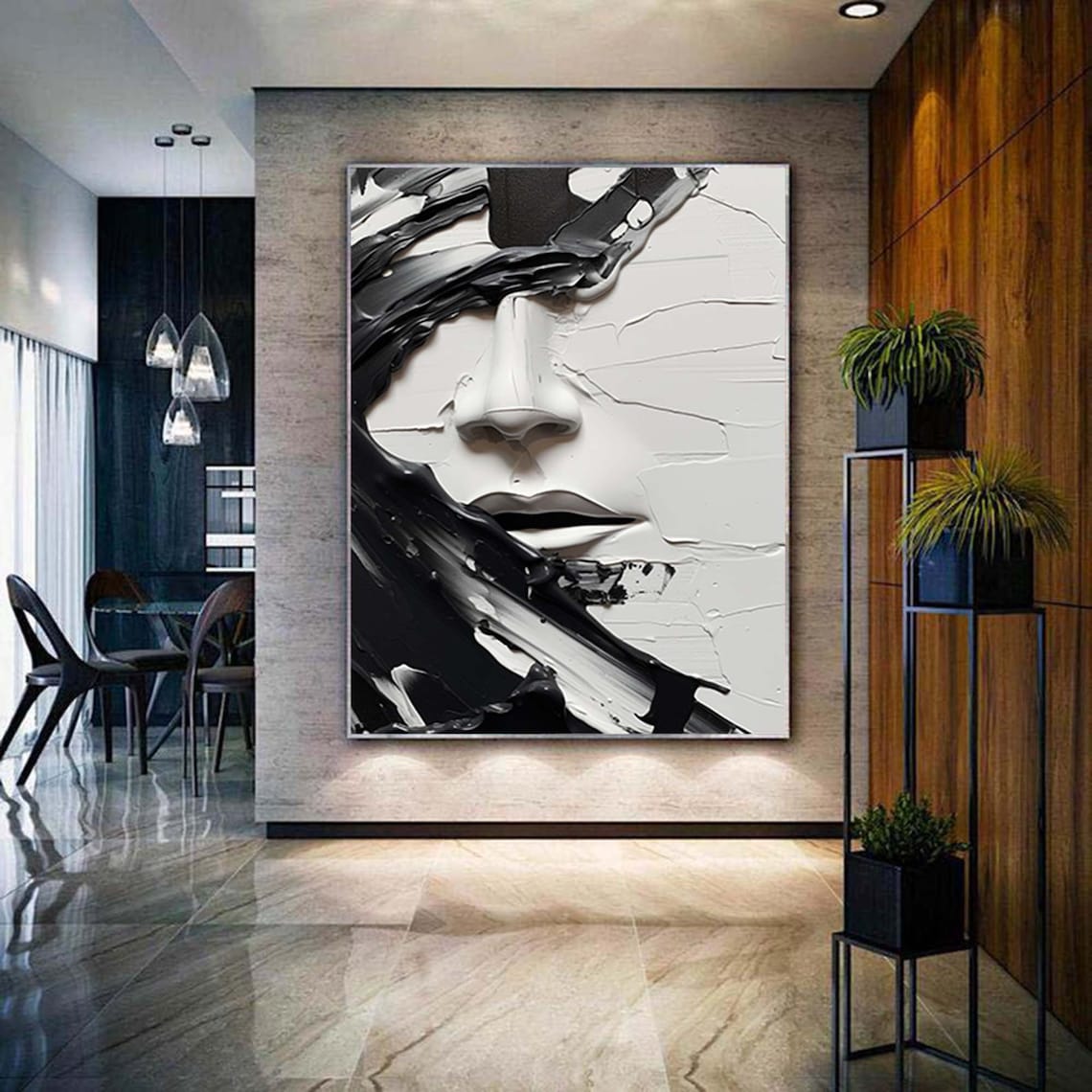 Abstract Black and White Face Oil Painting, Wall Art Print - Image 6