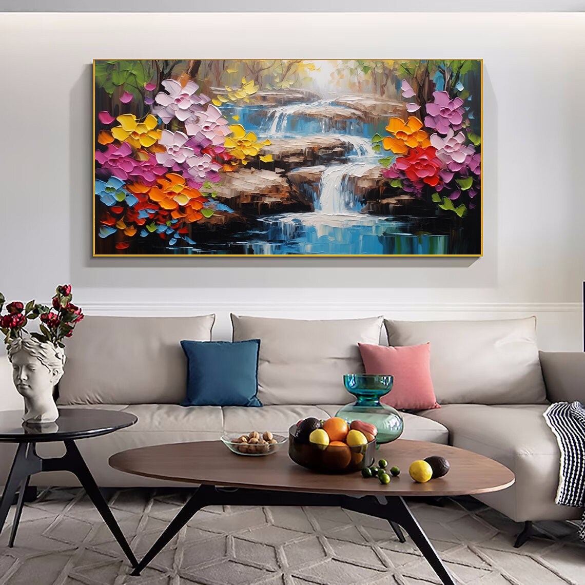 Rainbow Floral Waterfall Cascade Impasto Landscape Living Room Poster - Image 2