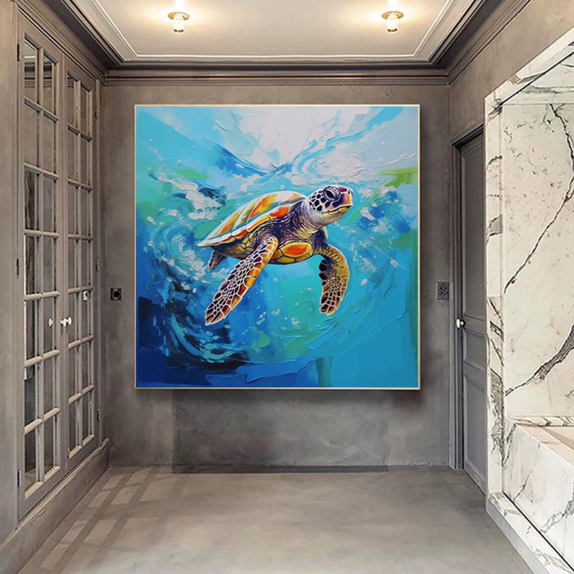 Colorful Sea Turtle Underwater Blue Ocean Impasto Art Poster - Image 2
