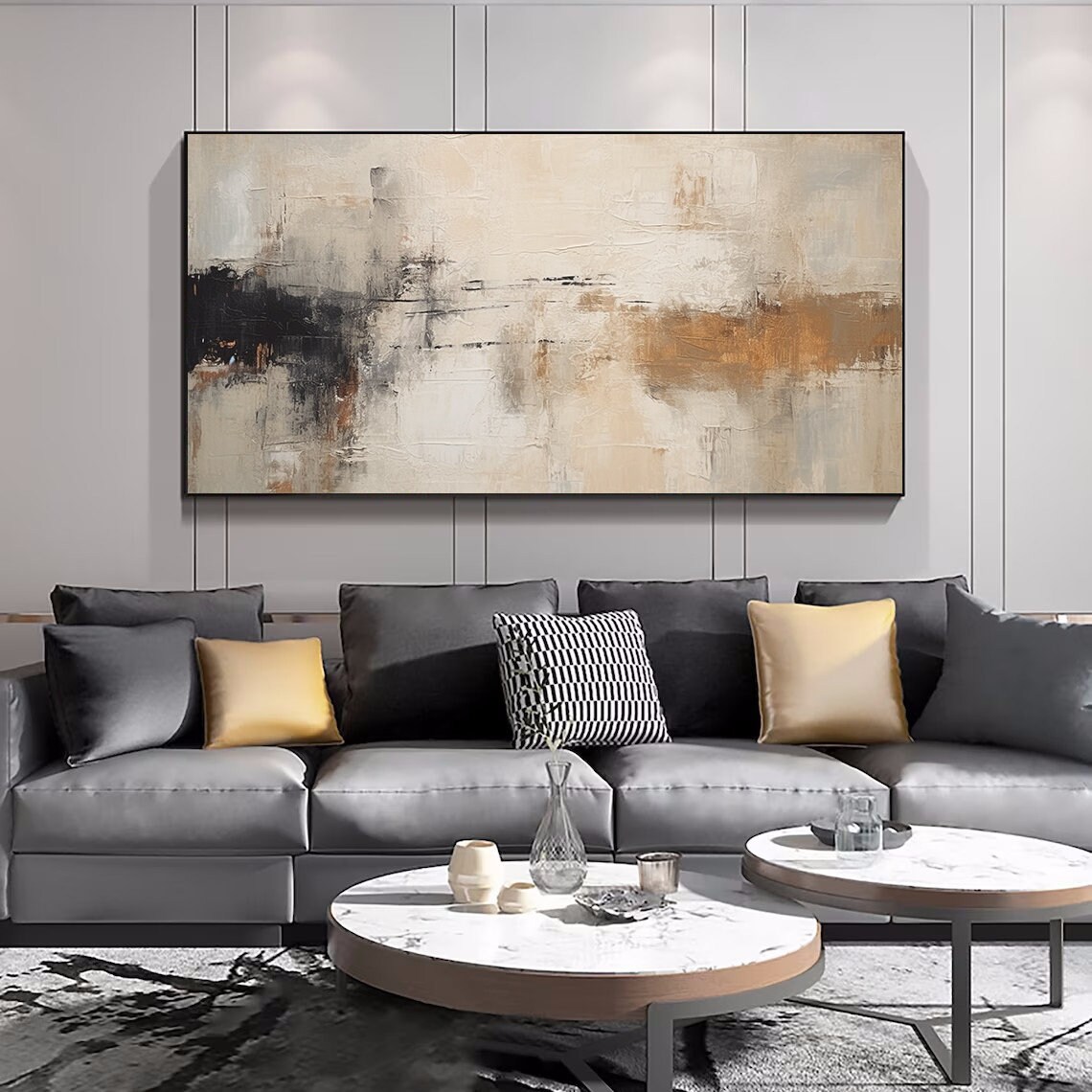 Beige Black Copper Textured Abstract Horizon Wide Living Room Poster - Image 4