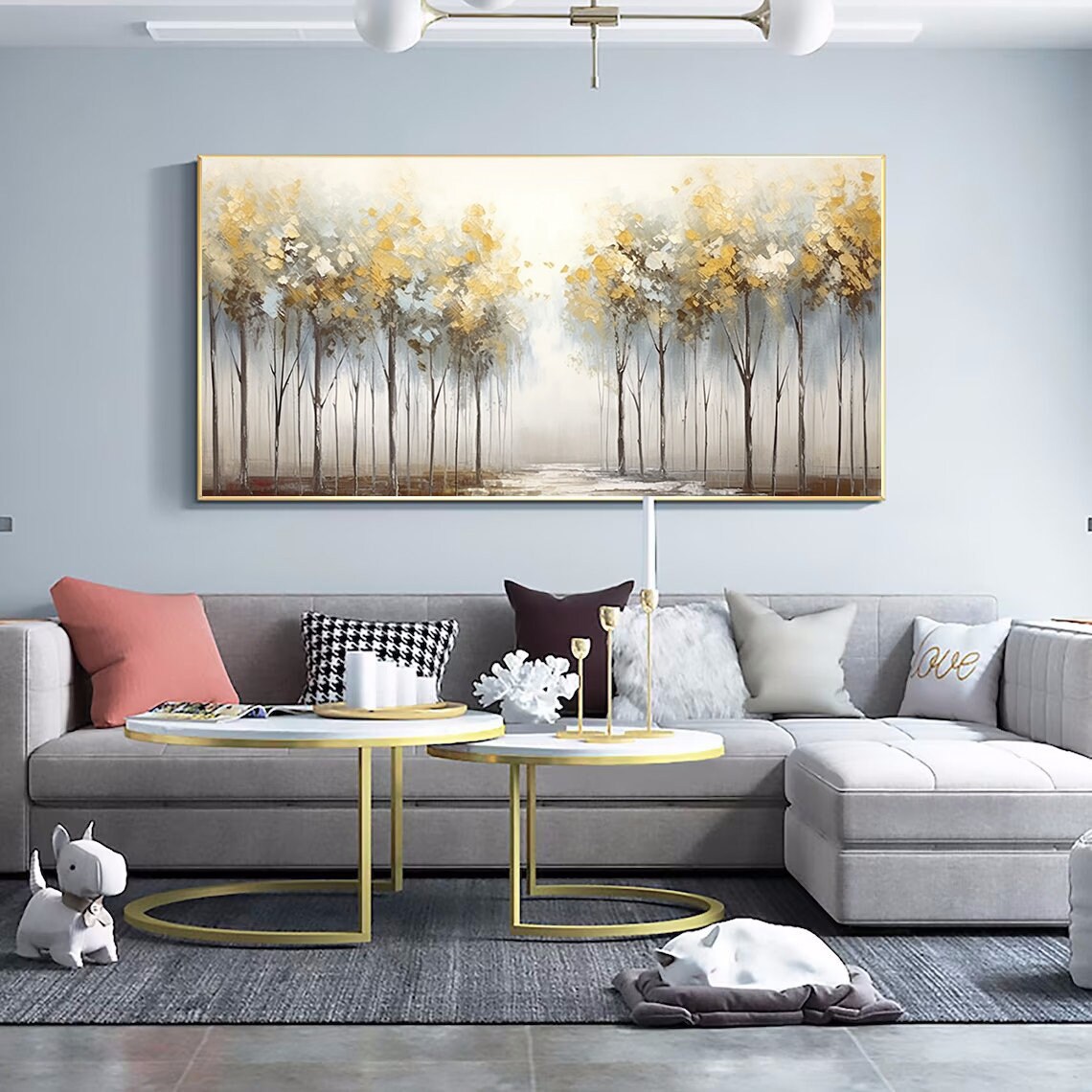 Golden Misty Forest Trees Landscape Oil Painting Serene Poster - Image 2