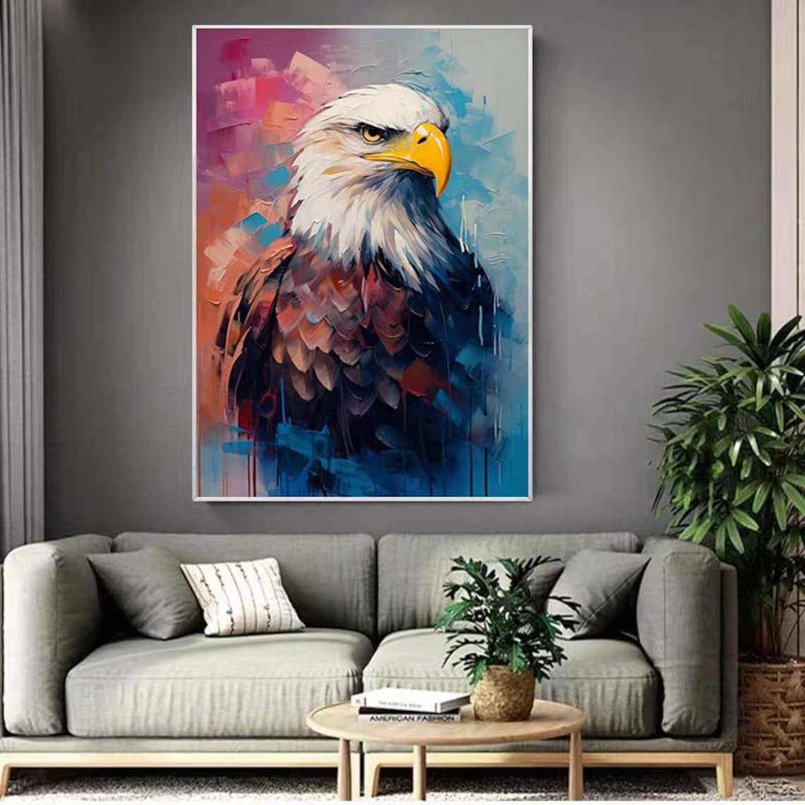 Majestic Bald Eagle Portrait Against Pink and Blue Oil Poster - Image 3