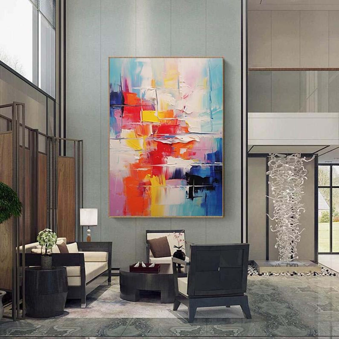 Bold Colorful Grid Blocks Abstract Oil Painting Modern Wall Poster - Image 5