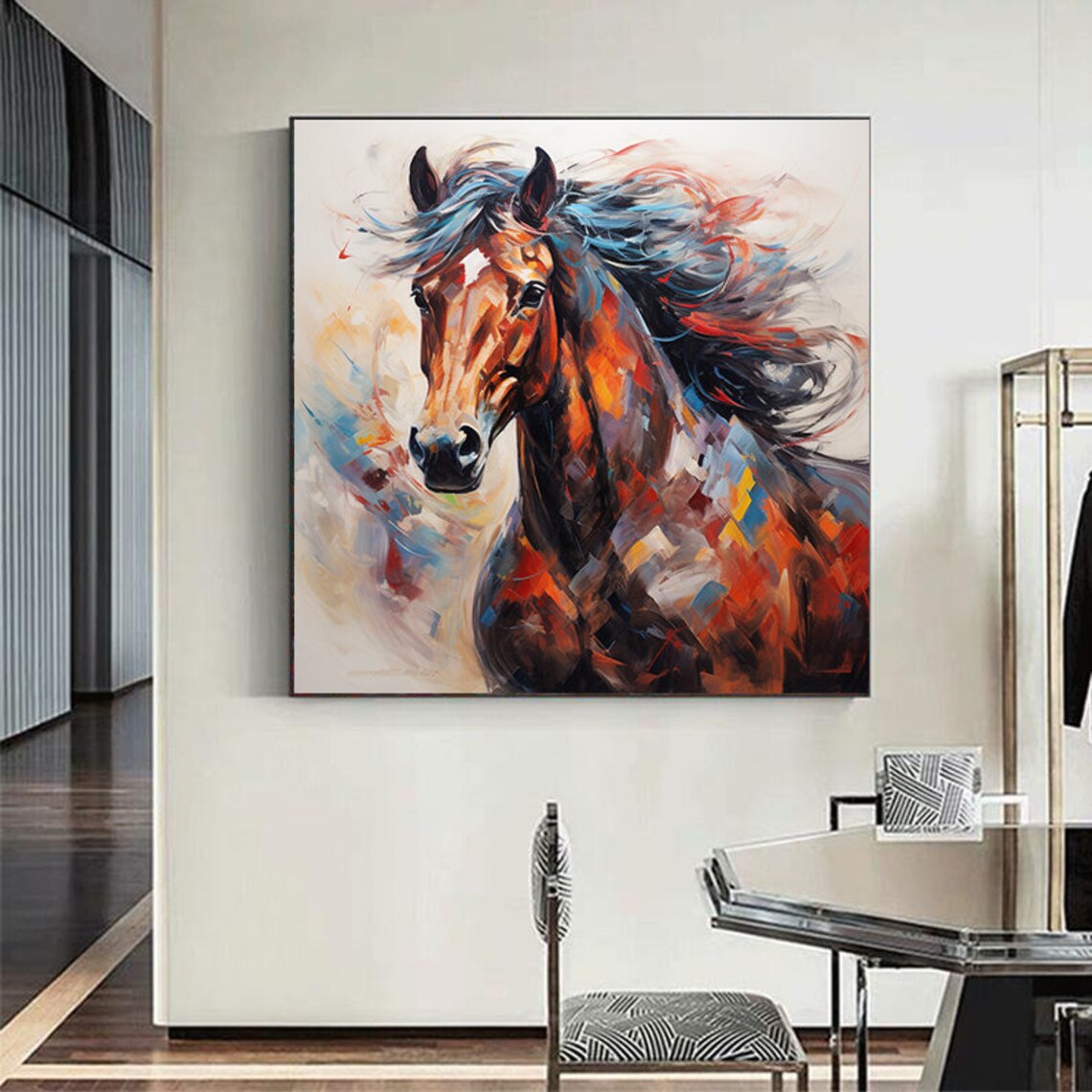 Multicolor Horse Portrait Blue Mane Abstract Oil Painting Poster - Image 5