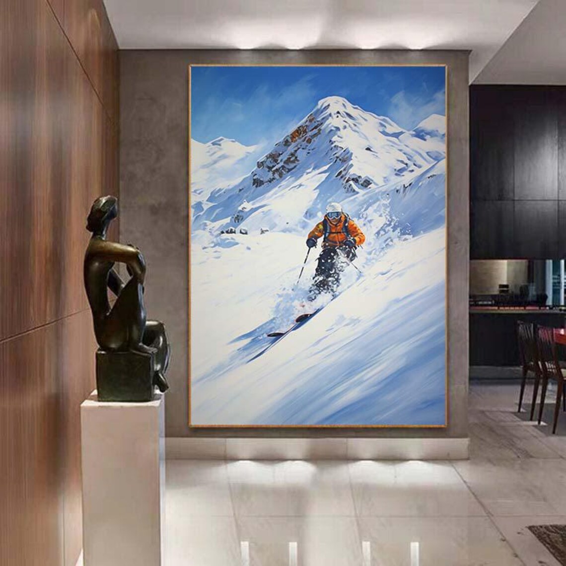 Snowy Mountain Skier Orange Jacket Powder Slope Sports Painting Poster - Image 7