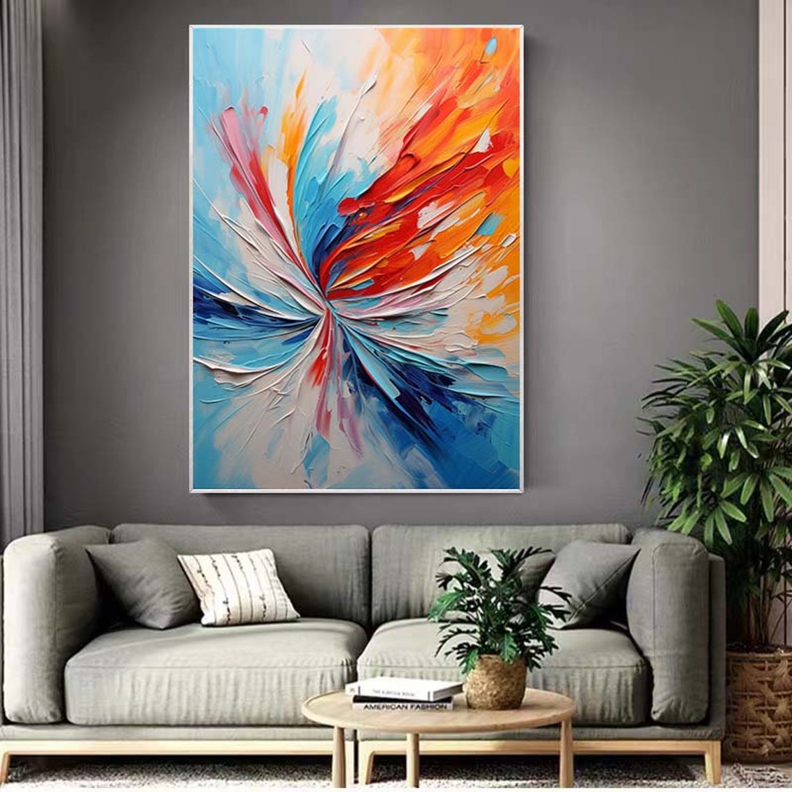 Fiery Red Blue Radial Fan Abstract Burst Impasto Wall Poster - Image 3
