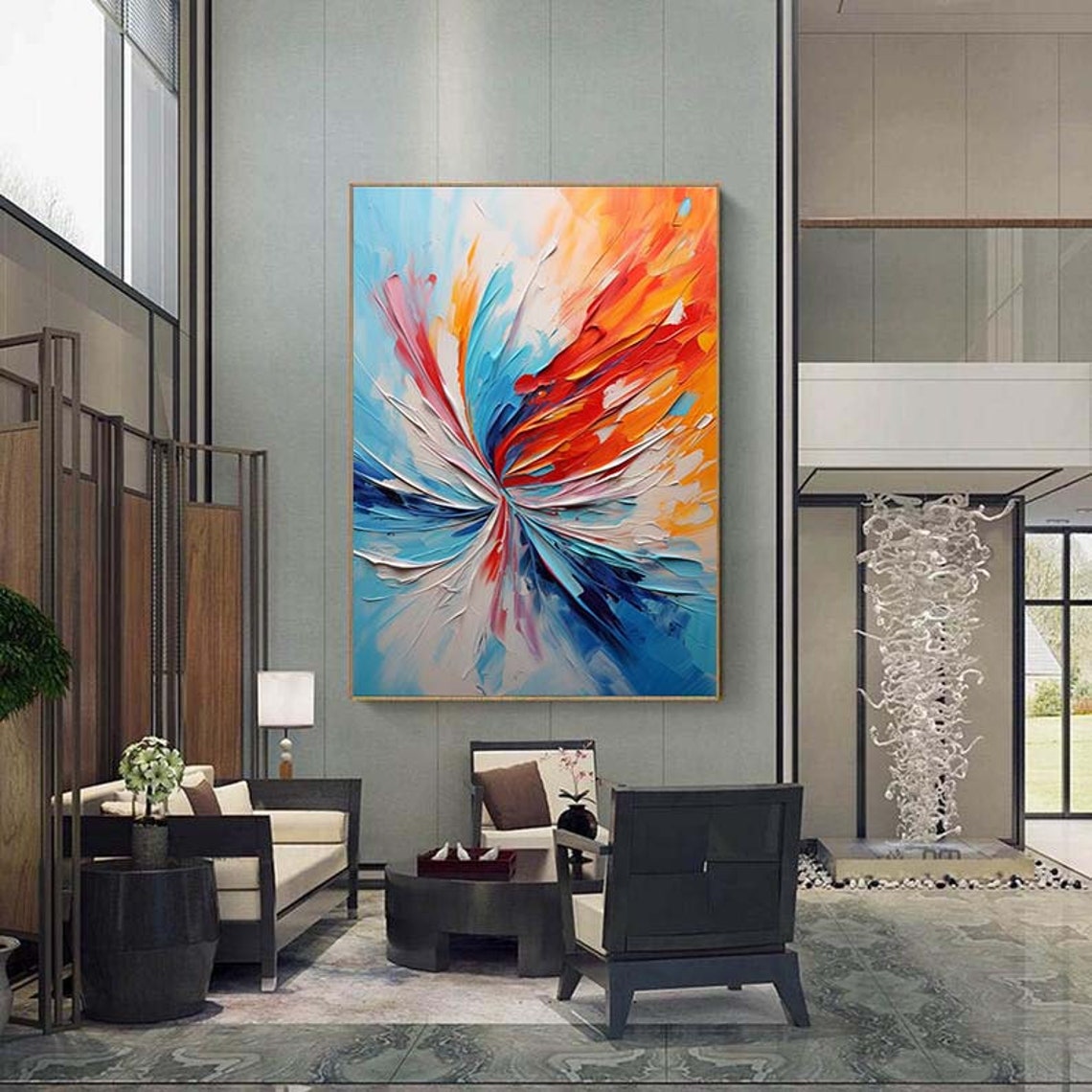 Fiery Red Blue Radial Fan Abstract Burst Impasto Wall Poster - Image 5
