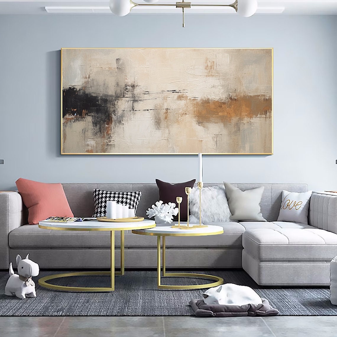 Beige Black Copper Textured Abstract Horizon Wide Living Room Poster - Image 2