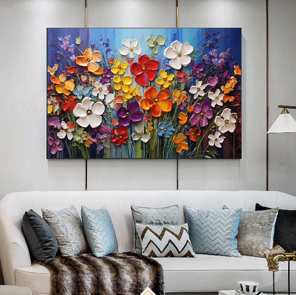 Lush Impasto Wildflower Field With Red Orange Blooms On Blue Poster - Image 4