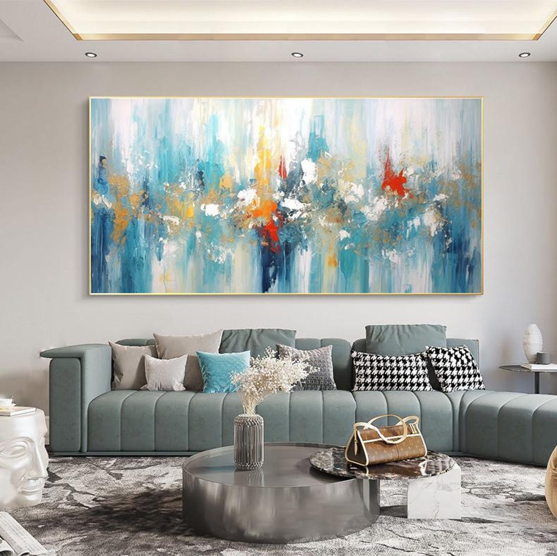 Teal Blue Abstract Painting With Fiery Red and Orange Accents Poster - Image 6
