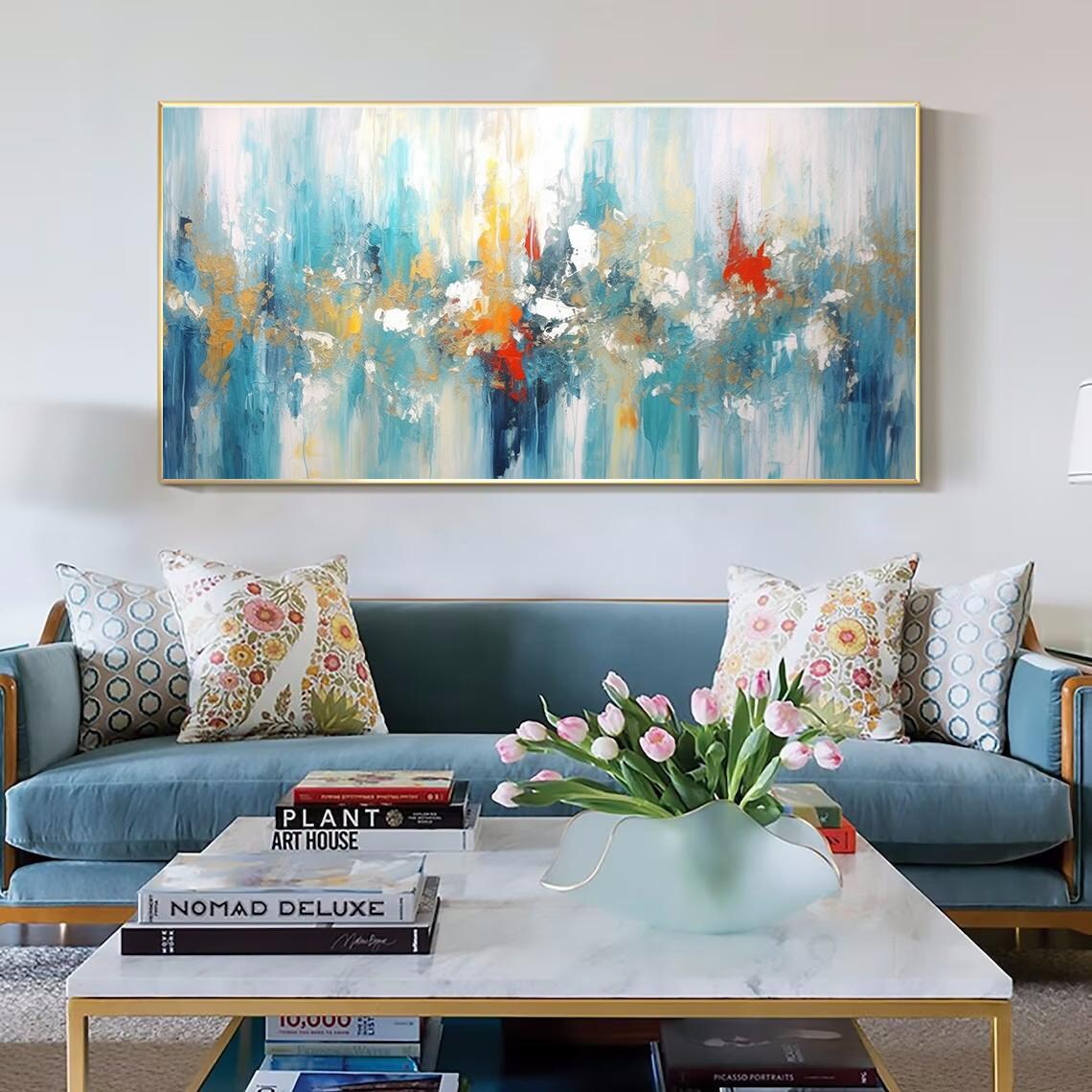 Teal Blue Abstract Painting With Fiery Red and Orange Accents Poster - Image 3