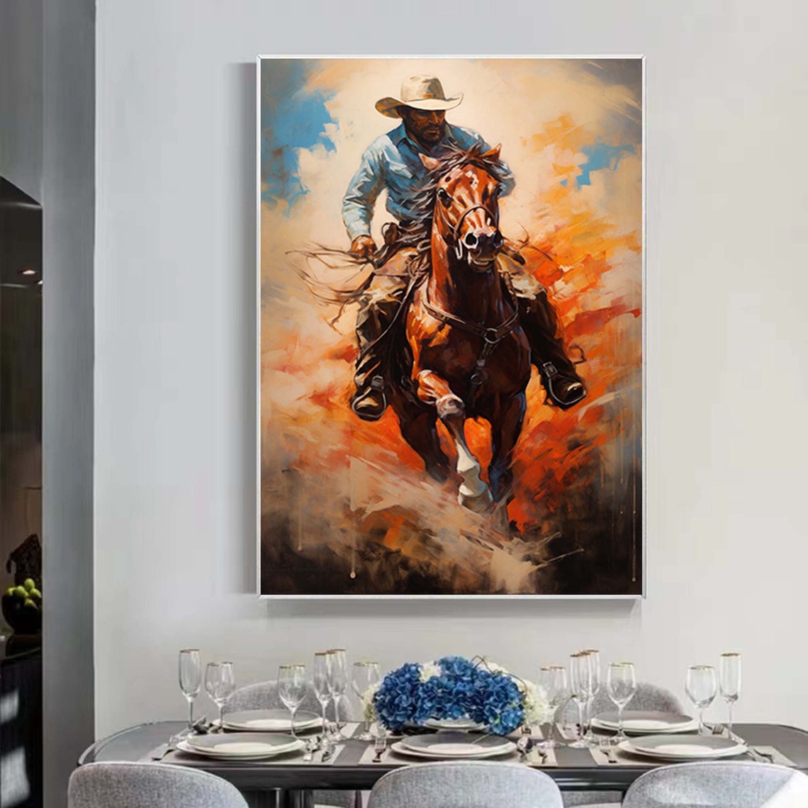 Cowboy Riding Horse Painting Western Wall Art Mid Century Wall Decor Western Cowboy Painting Vintage Oil Painting Rustic Wall Art Cowboy Art - Image 6